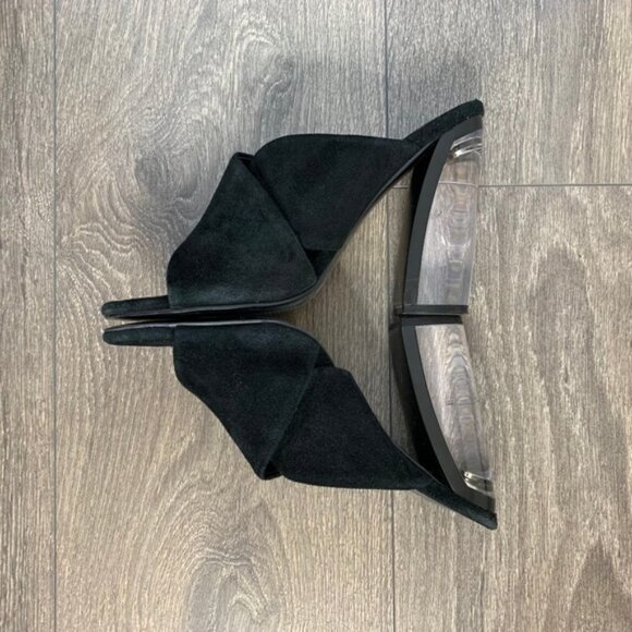 Kendall & Kylie Karmen Mules Heels Criss Cross Lucite Acrylic Clear Suede Black - Picture 11 of 16